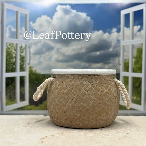 Barilito Rattan Neutral Stone Planter Pot with handles - Picture 8 of 8